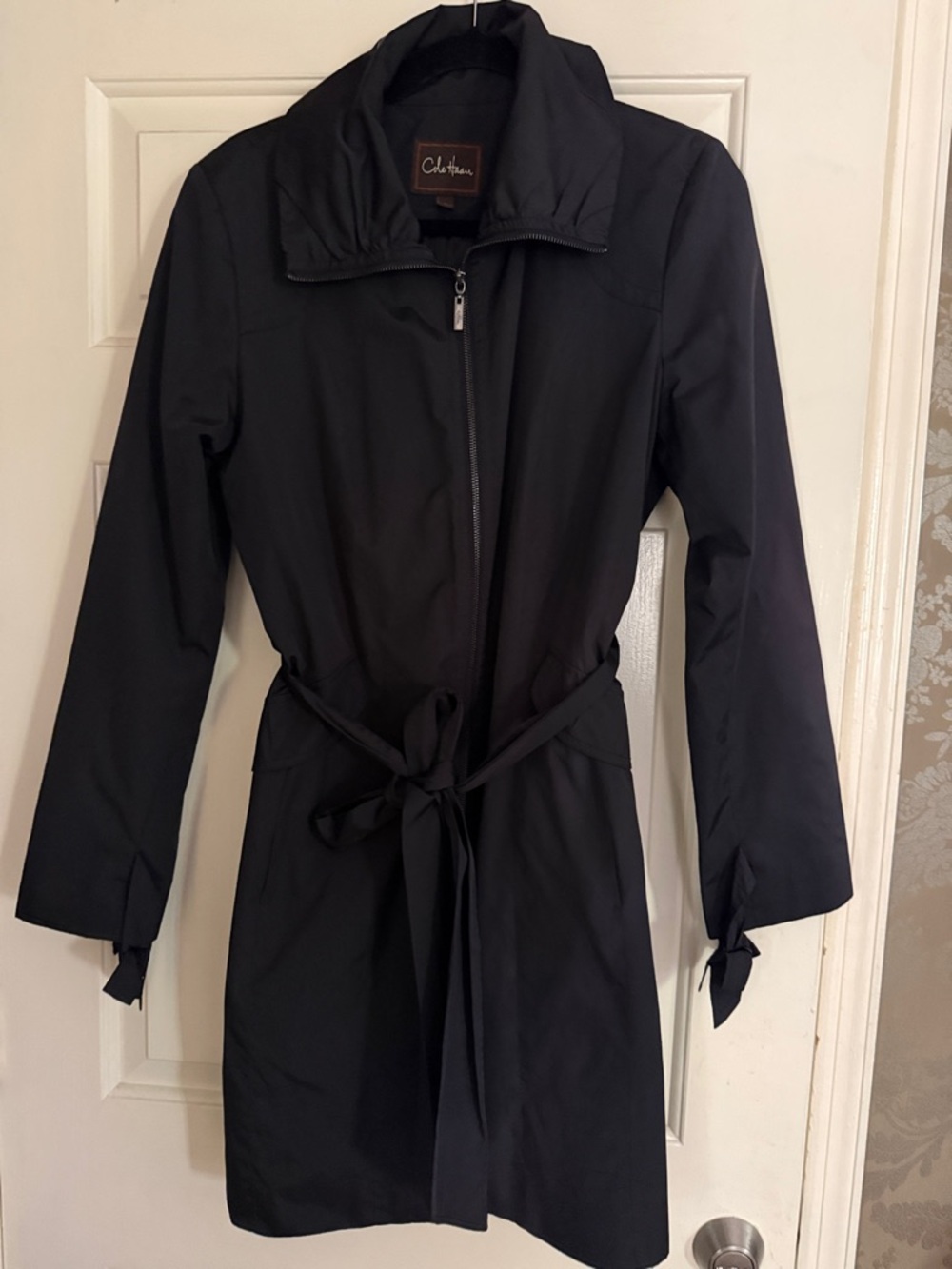 Cole Haan Black Zip-Front Tie-Waist Trench Coat